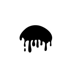 Melt drip circle silhouette paint round splash with drops, liquid shape, stain isolated on white background.