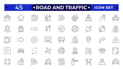 Road and traffic signs outline icon. Collection of warning, mandatory, prohibition and information traffic Street, transport, fuel, vehicle, location, car service icons. Traffic signs collection.