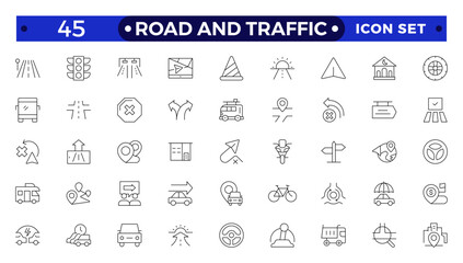 Road and traffic signs outline icon. Collection of warning, mandatory, prohibition and information traffic Street, transport, fuel, vehicle, location, car service icons. Traffic signs collection.