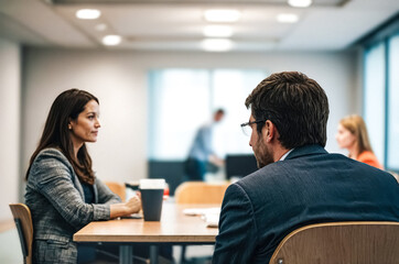 Fototapeta premium Business Meeting, Side View of a Man Looking at a Woman, Blurry Background