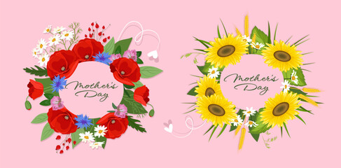 Happy mothers day. Red and yellow wreaths with flowers. Gift cards for Mothers Day. International holiday and festival. Love and support. Flat vector collection isolated on pink background