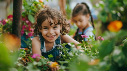 Two cheerful children enjoy gardening, surrounded by vibrant flowers in a lush garden, fostering a love for nature and teamwork.