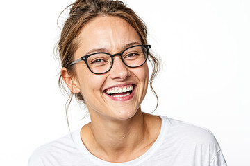 Fototapeta premium Woman with glasses laughing on white background