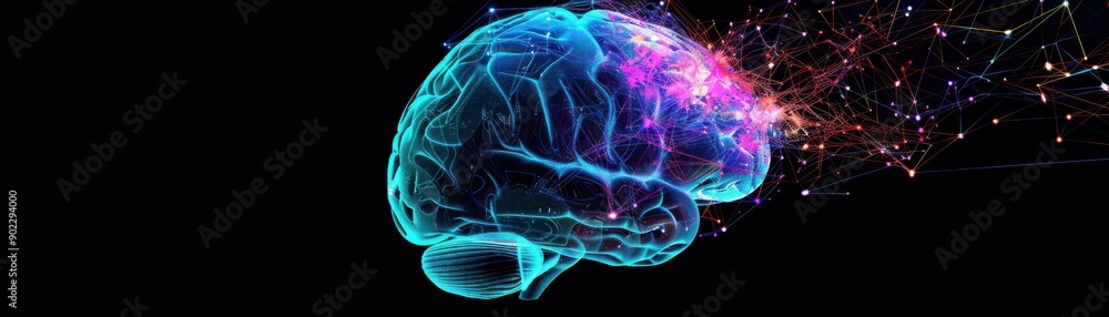 Poster a vibrant digital representation of a brain illuminated with colorful lights, symbolizing creativity