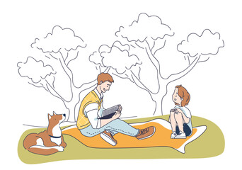 Hobby of bookworm. Man reading book outdoors. Love of reading and literature. Family spending time together in nature. Hobby and leisure. Linear vector illustration isolated on white background