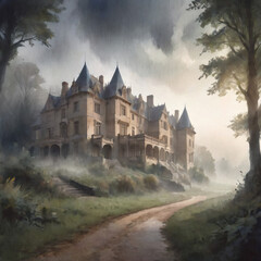 Fototapeta premium Watercolor painting of Mysterious Mansion in Fog.