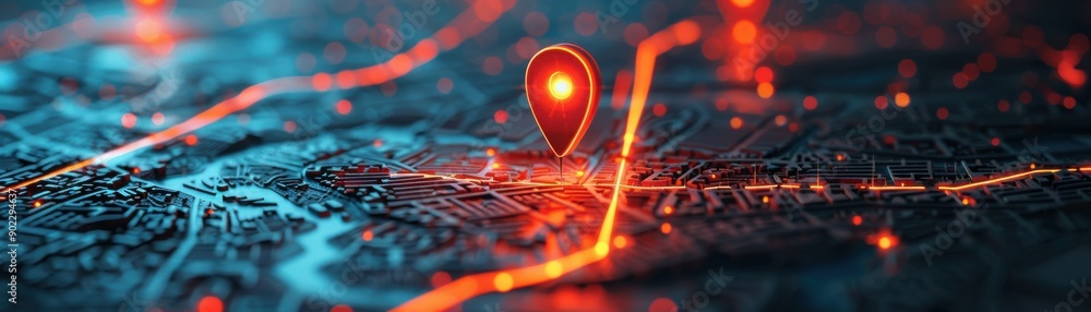 Poster a vibrant map with a glowing navigation pin, ideal for travel and location-based services, symbolizi