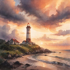 Watercolor painting of Lighthouse at Sunset.