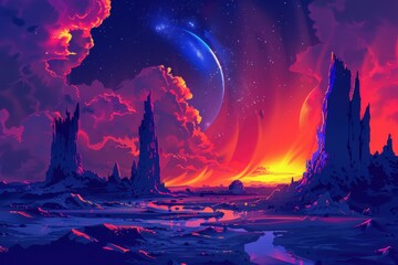 Fototapeta premium Vibrant Alien Landscape with Towering Rocks and Glowing River