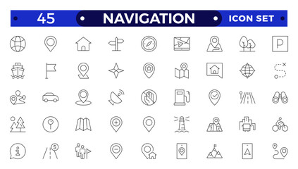 Location icon set. Containing map, map pin, gps, destination, directions, distance, place, navigation and address icons. Navigation icons collection.