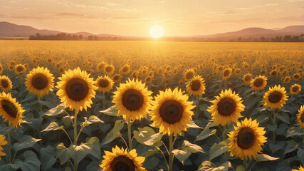Fototapeta premium sunflowers under a golden sunset, with long, dramatic shadows stretching across the landscape and a soft