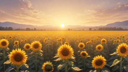 Fototapeta premium sunflowers under a golden sunset, with long, dramatic shadows stretching across the landscape and a soft