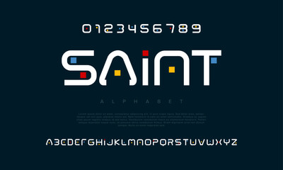 Saint creative modern geometric urban alphabet font. Digital abstract futuristic, game, techno, robot, music, logo, sport, minimal technology typography. Simple numeric vector illustration