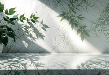Verdant plant leaves projecting delicate shadow patterns across a polished, white marble countertop under bright, overhead lighting