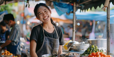 asian woman. A smiling woman working at a bustling street food market in Asia, showcasing fresh produce and a variety of culinary delights.