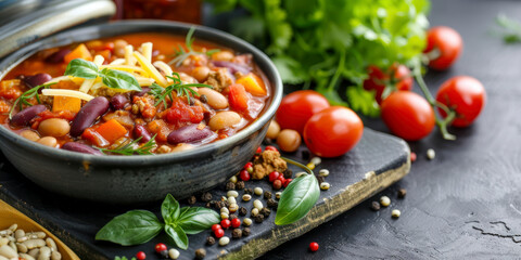 Spicy Mexican soup with meat, beans and tomatoes