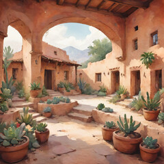 Watercolor painting of Spanish Colonial Courtyard with Cactus Garden.