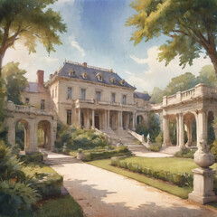 Obraz premium Watercolor painting of French Chateau Garden