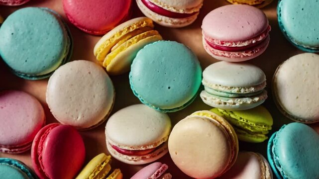 Close up of macaron background, top view. Photorealistic high resolution macro photography for advertising&nbsp;or&nbsp;food&nbsp;design.