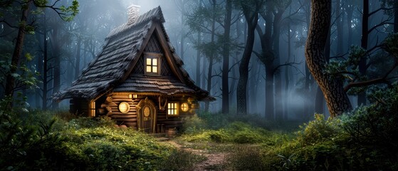 Witch's cottage nestled in a dark, enchanted forest, cauldron bubbling with magic and mystery
