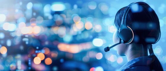 Vibrant cityscape mirrored in a call center agent's headset, representing the urban environment of tech support operations