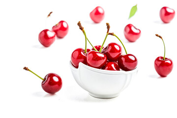 Bowl of Fresh Cherries on White Background