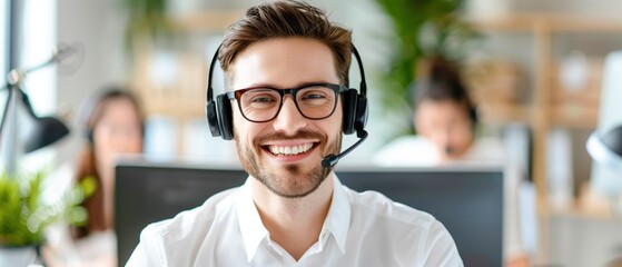 Smiling call center agent gazing at the computer screen, in casual office attire, surrounded by colleagues in an active work environment