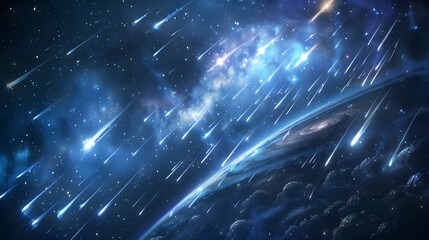 A vivid digital image depicting a catastrophic meteor shower raining down on a planetary surface in a distant galaxy.