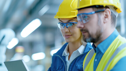 Obraz premium Male and female engineer in yellow hard hats and safety glasses closely analyze data on a laptop in an industrial setting, with modern machinery in the background, emphasizing precision and teamwork.
