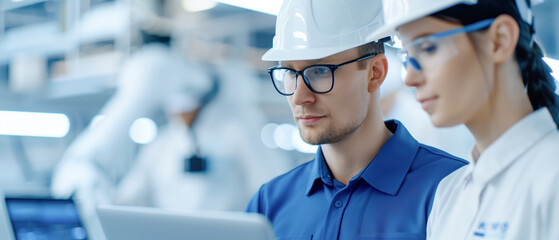 Two engineers in safety helmets and glasses work together on laptops in a high-tech manufacturing facility, focused on analyzing data and surrounded by modern machinery and advanced equipment.