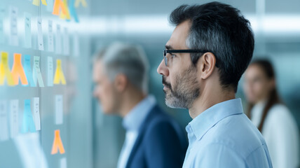 A focused businessman with glasses stands before a whiteboard covered in sticky notes and diagrams, analyzing data. Colleagues in the background discuss in a modern office.