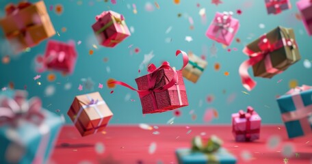 Colorful Wrapped Gifts Floating in Studio Setting