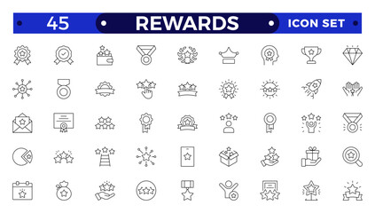 Reward icon set. Success icon, Contains icons prize, trophy, winner, gift, bonus card illustration. Set of Winner medal, cup and Laurel wreath award icons. Award line Reward, Certificate.