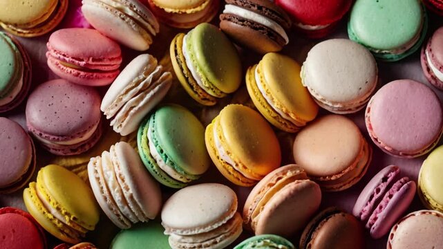 Close up of macaron background, top view. Photorealistic high resolution macro photography for advertising&nbsp;or&nbsp;food&nbsp;design.