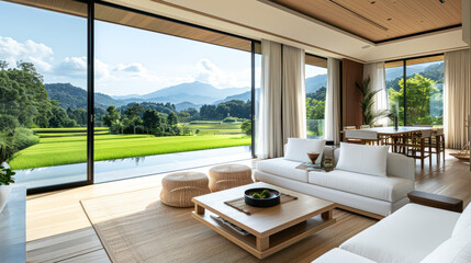 Fototapeta premium Sofa set at japandi living room, by green grass land in window