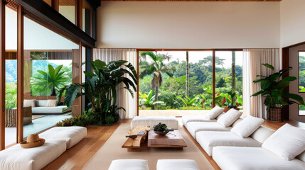 Fototapeta premium Sofa set at japandi living room, by lush greenery in window