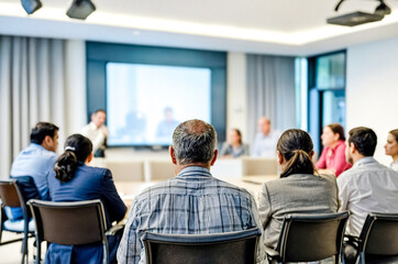 Business people sitting in a conference room, listening to a presentation