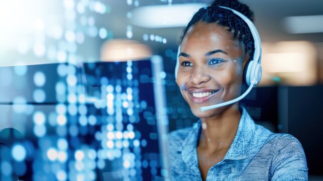 Call center agent with a joyful expression, looking at the computer screen, dressed in casual office wear, modern and active work environment
