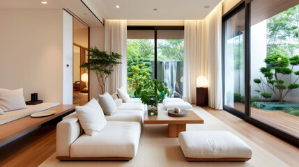 Fototapeta premium Sofa set at japandi living room, by river waterfall in window