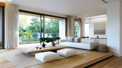 Sofa set at japandi living room, by river waterfall in window