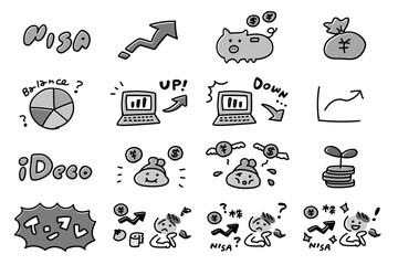 投資 お金 手描き イラスト セット_グレーカラー