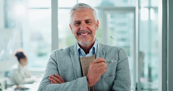 Business, confidence and mature man with glasses, pride and ceo at project management agency. Happy portrait, businessman or consultant with professional opportunity, smile and arms crossed in office