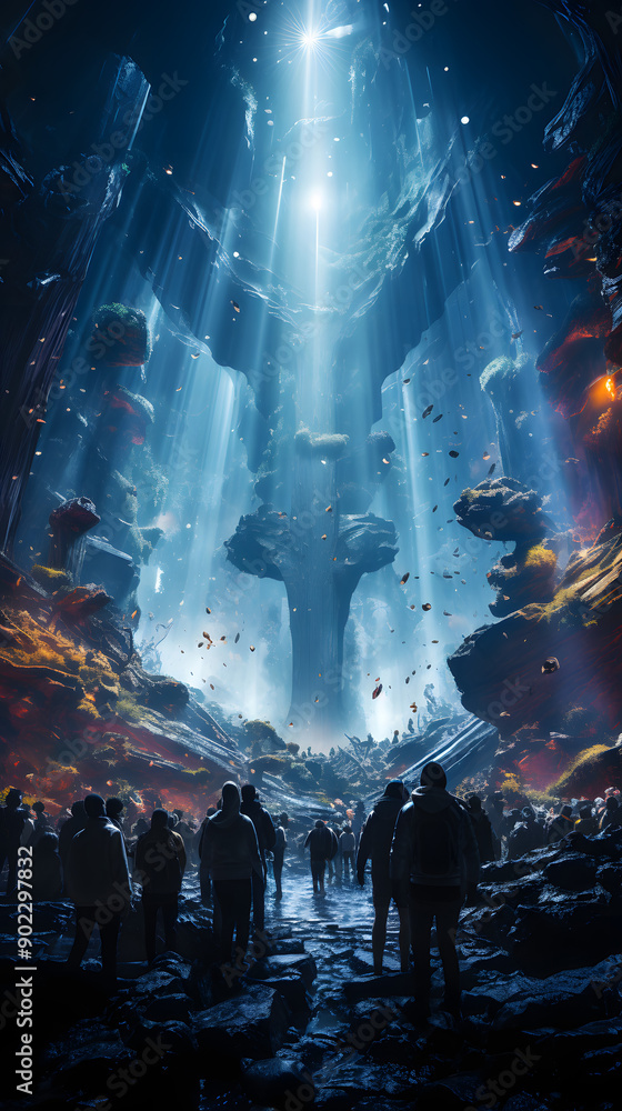 Poster a group of people stand in awe of a bright light shining through the ceiling of a dark, cavernous sp