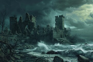 Fototapeta premium Ancient castle ruins by the stormy sea