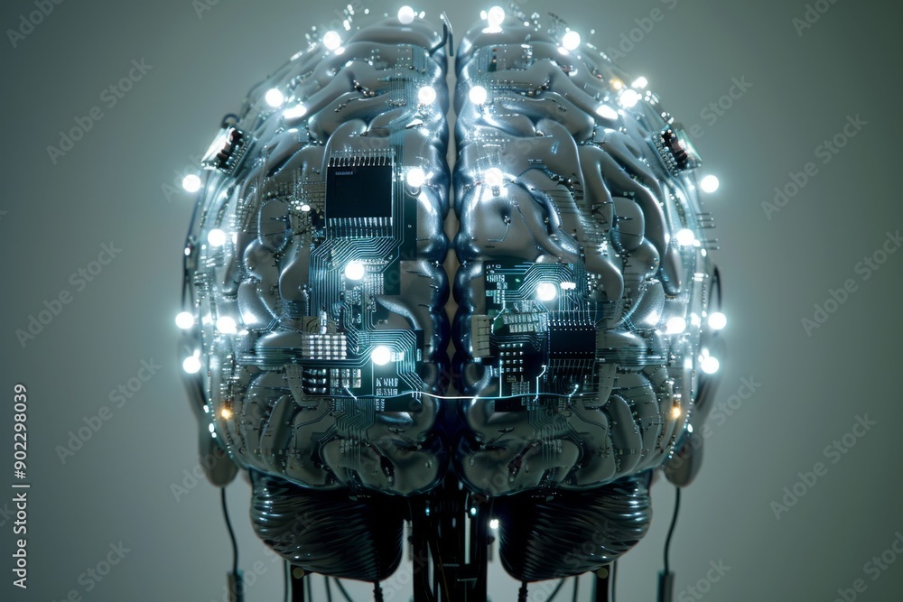 Aufkleber futuristic brain model with high tech interface and digital elements