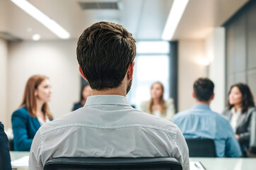 Fototapeta premium Back of a Man in White Shirt in a Meeting
