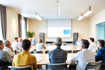 Fototapeta premium Rear View of Audience Listening to Presentation in Conference Room