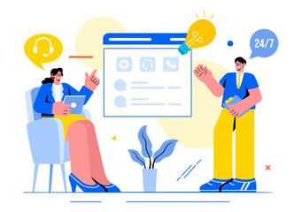 Call Center Agent Vector Illustration of Customer Service or Hotline Operator with Headsets or Computers in a Flat Style Cartoon Background