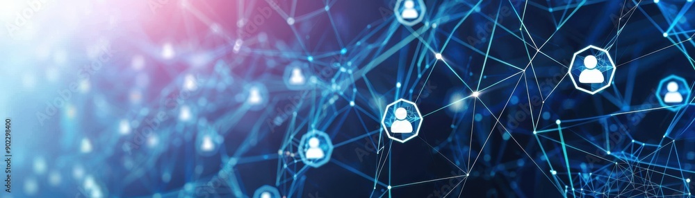 Poster abstract network connection with interconnected nodes and user icons, conveying communication and te