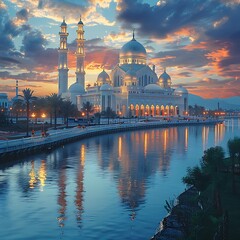 Obraz premium Stunning sunrise reflections at Straits Mosque, Malacca. Nature composition 